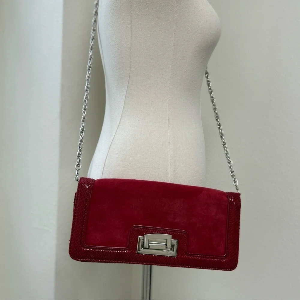Brand New White House Black Market Burgundy and Silver Leather Crossbody Clutch